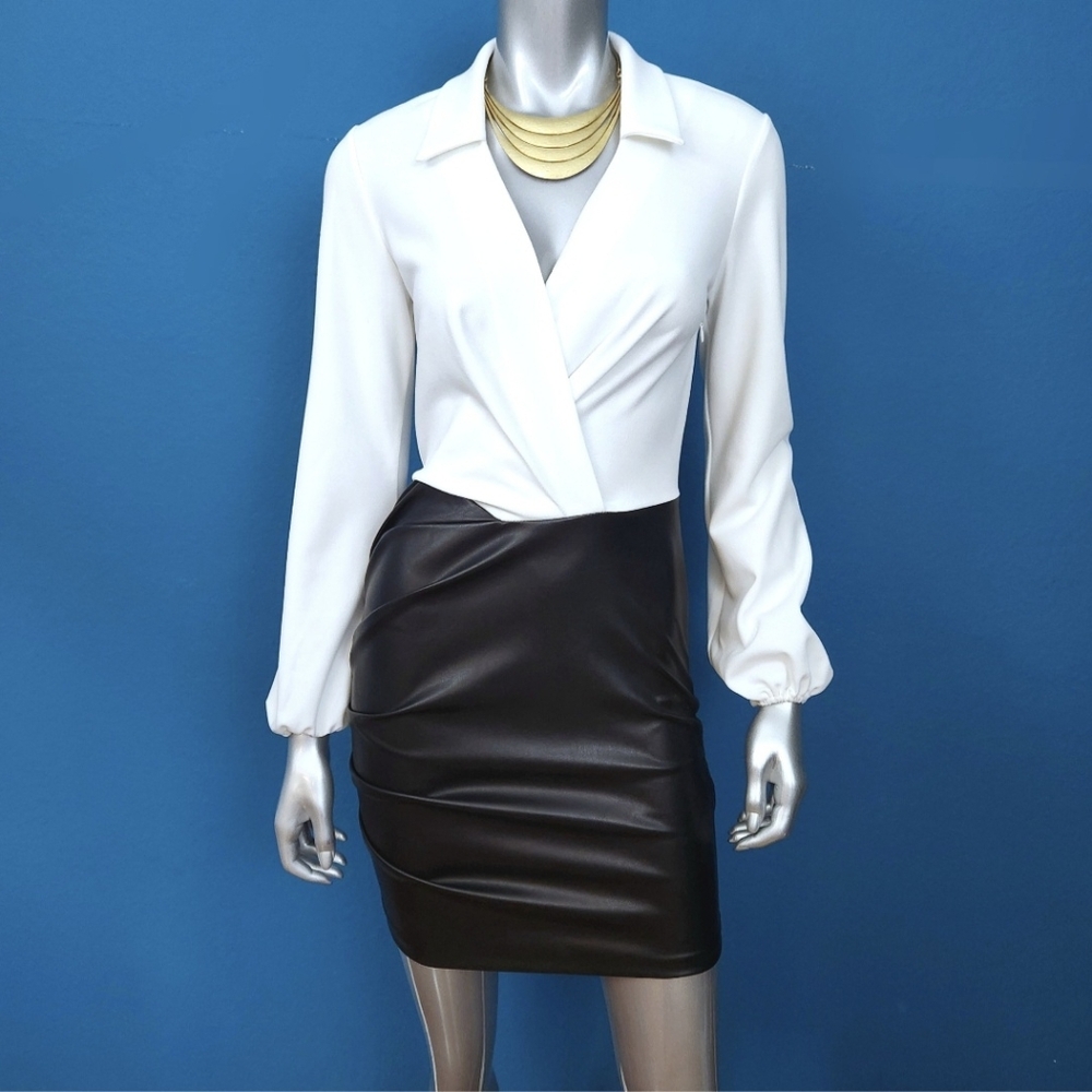 ASOS 1980s Style Draped Black & White Monochrome Faux Leather Mini Dress //(NWT)